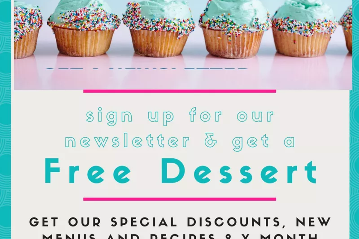Table holder inviting guests to sign up for a newsletter for a free dessert